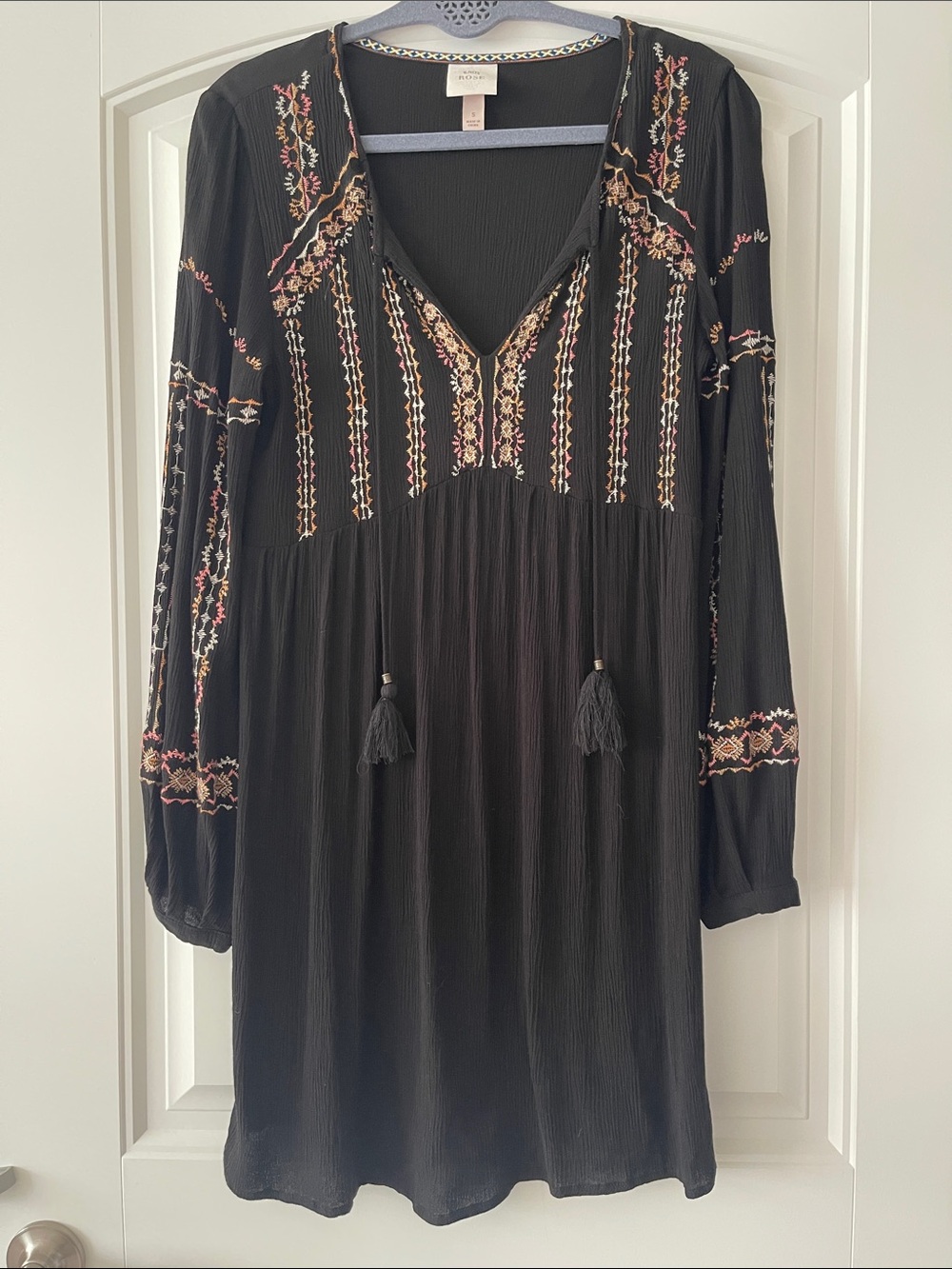 Knox Rose Boho Black Long Sleeve Embroidered Dress Small